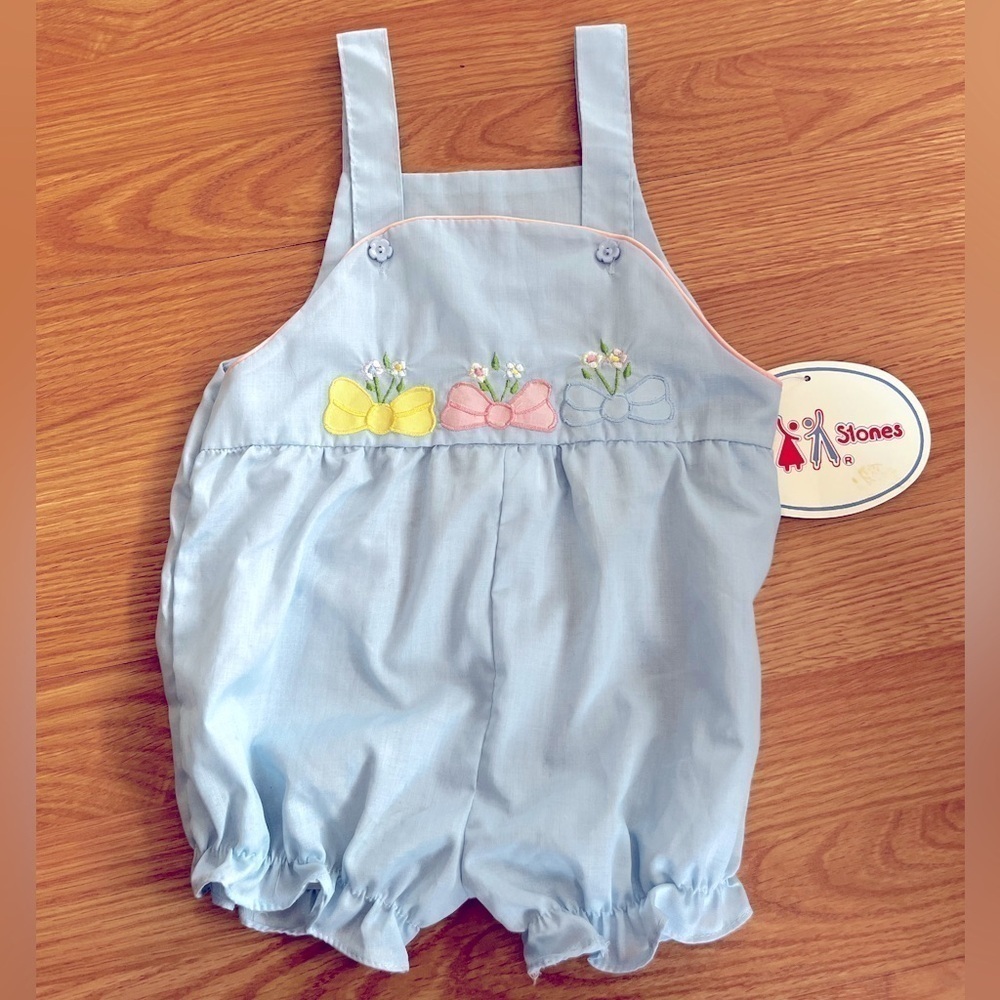 Vintage Overall Shorts Blue w Bows Stix & Stones NWT Spring Baby Toddler Easter